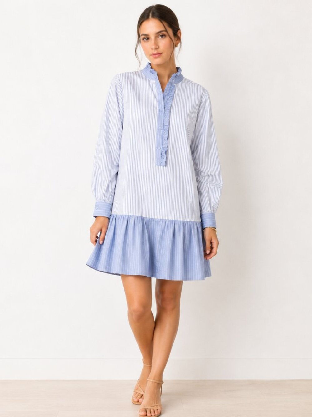 Tuckernuck Womens M Blue White Stripe Ruffle Tiered Drop Waist Mini Shirt
